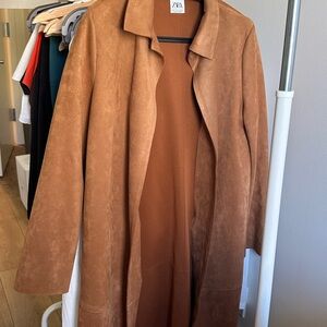 Zara Women's Tan Faux Suede Long Coat